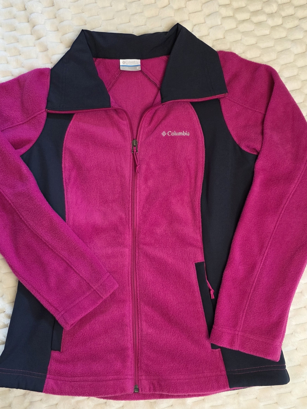 Columbia Women's Medium Pink Full Zip Fleece Jacket Black Trim Outdoor Hiking